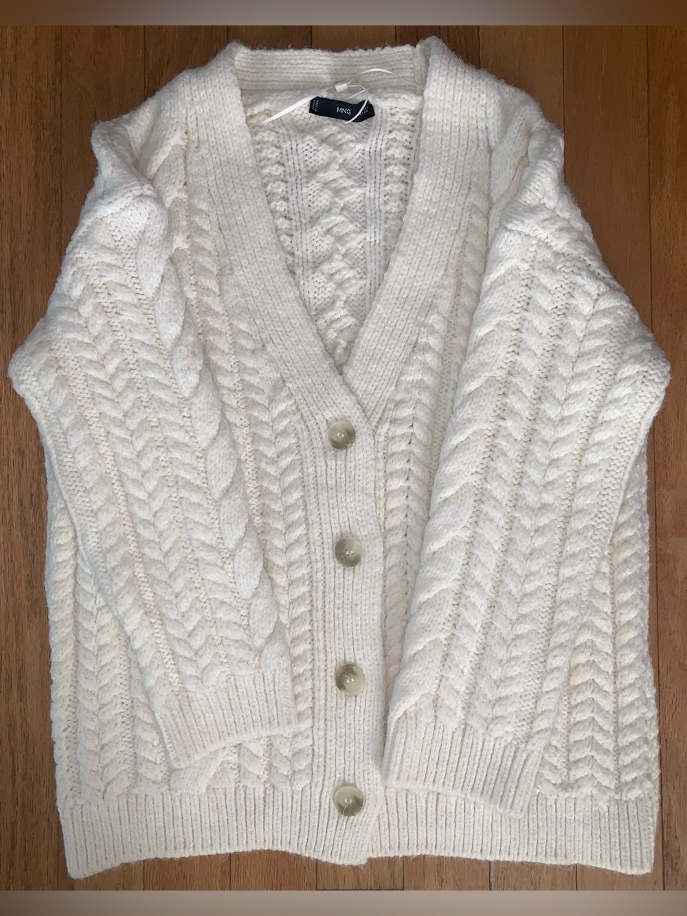 Mango Cream Cable-Knit Button-Front Cardigan